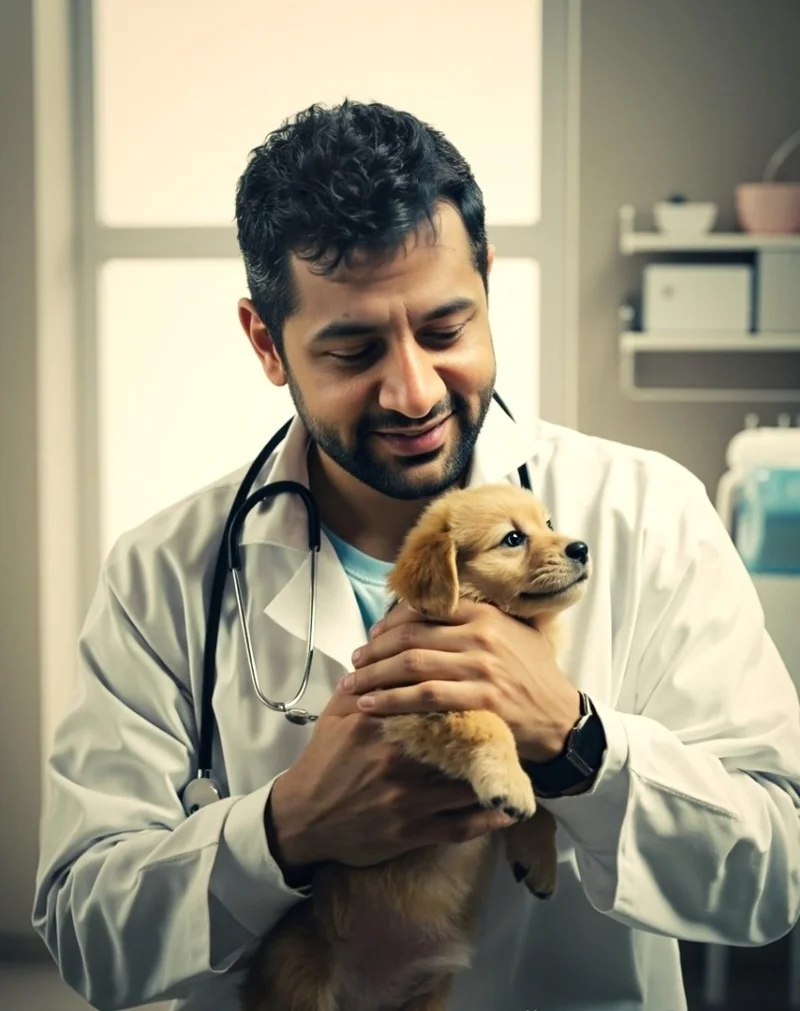 Dr. Abid Hussain with a patient at Abid Pets Hospital