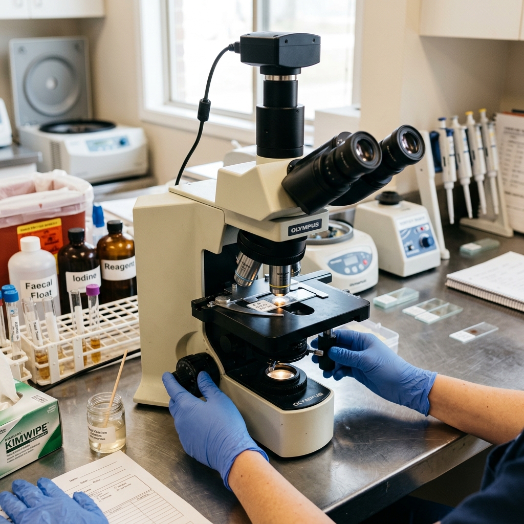 Microscope and fecal sample in veterinary laboratory for parasite screening at Abid Pets Hospital Lahore