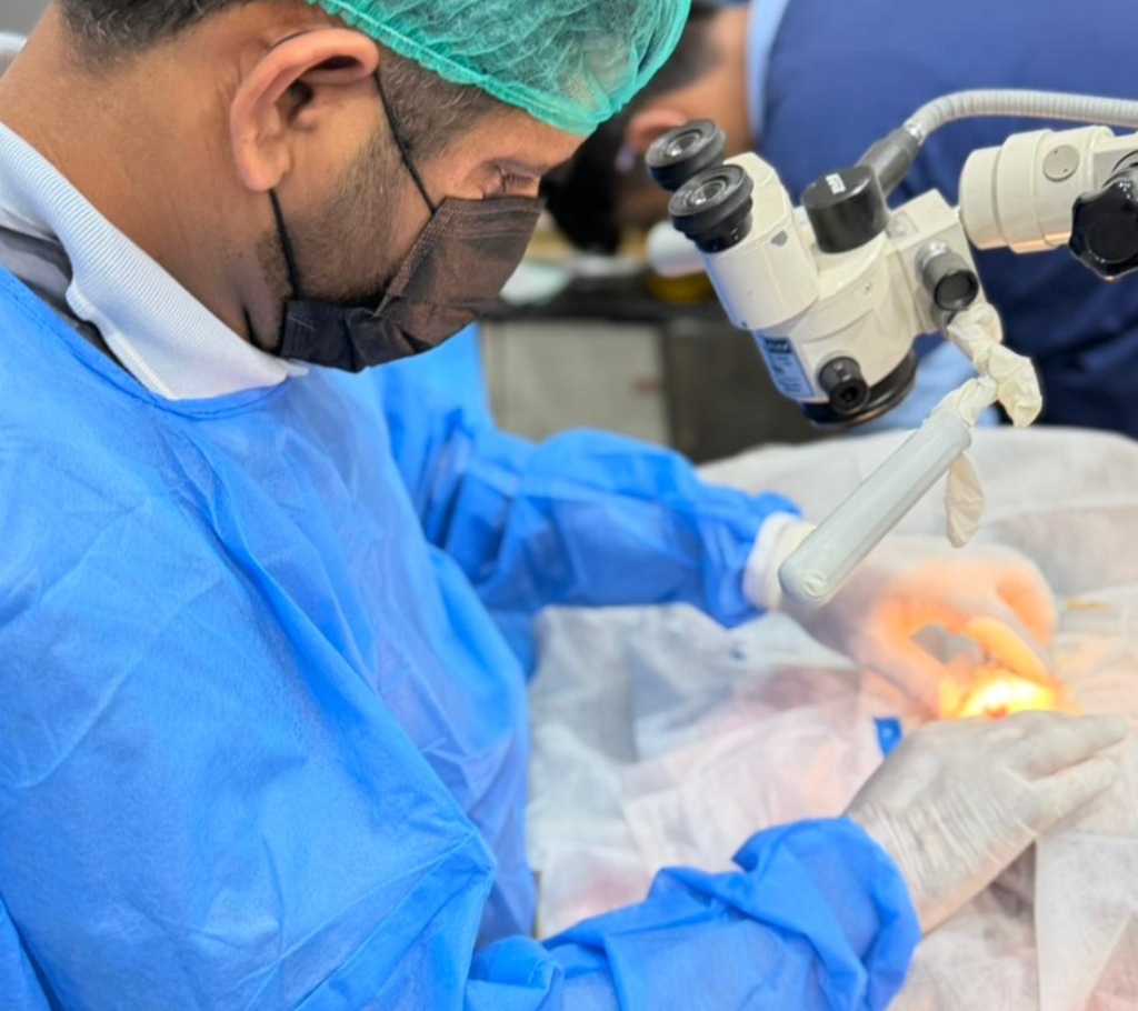 Dr. Abid performing corneal ulcer treatment under surgical microscope at Abid Pets Hospital Lahore